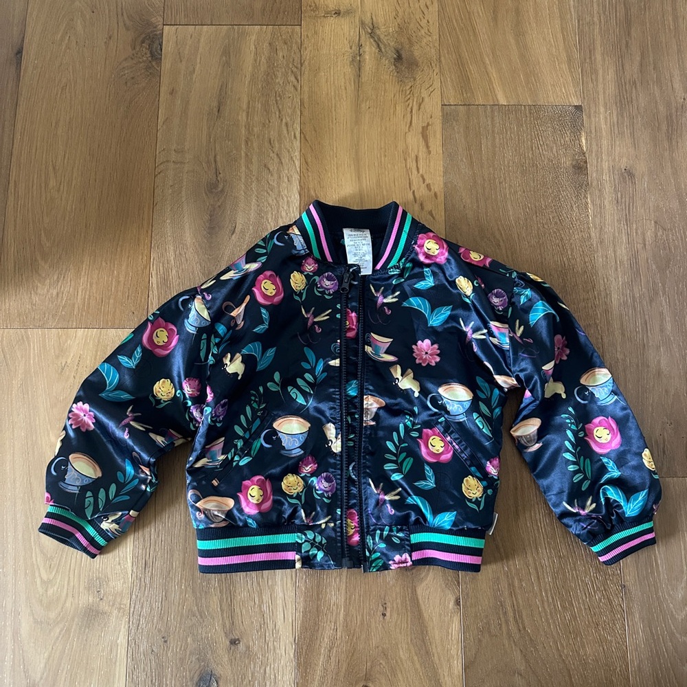 Disney Parks Alice Wonderland Little Girls Floral Satin Bomber Jacket - GUC 5/6